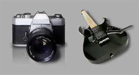 slr camera and ibanez guitar