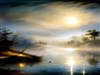 a misty moonlit lake