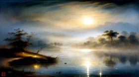 a misty moonlit lake